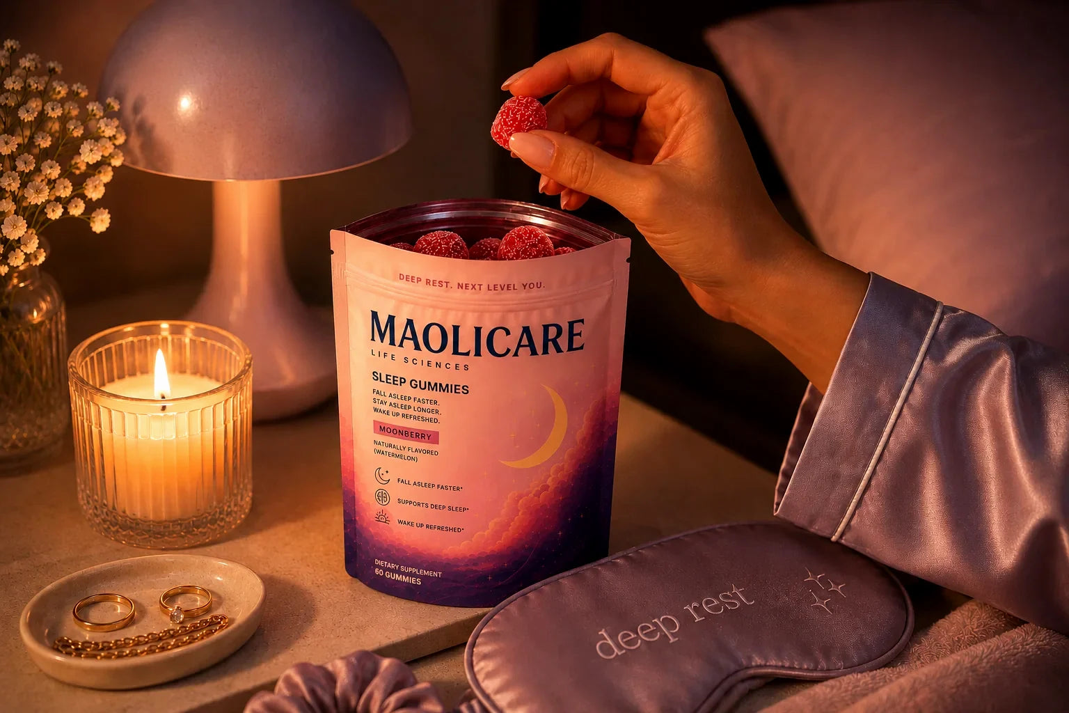 A hand taking a Moonberry gummy from the pouch on a bedside table