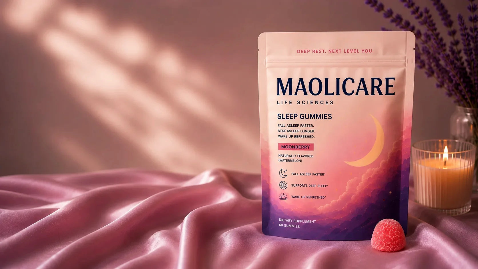 The Moonberry pouch in soft morning light on a bed