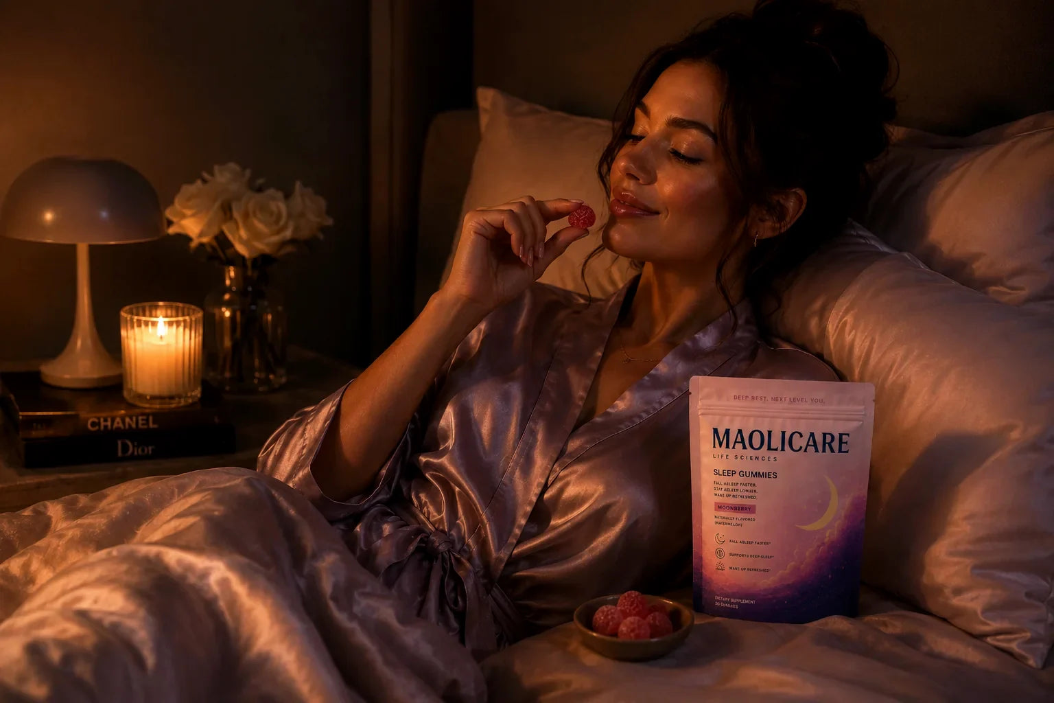 Someone resting in bed at night with the MaoliCare pouch on the nightstand