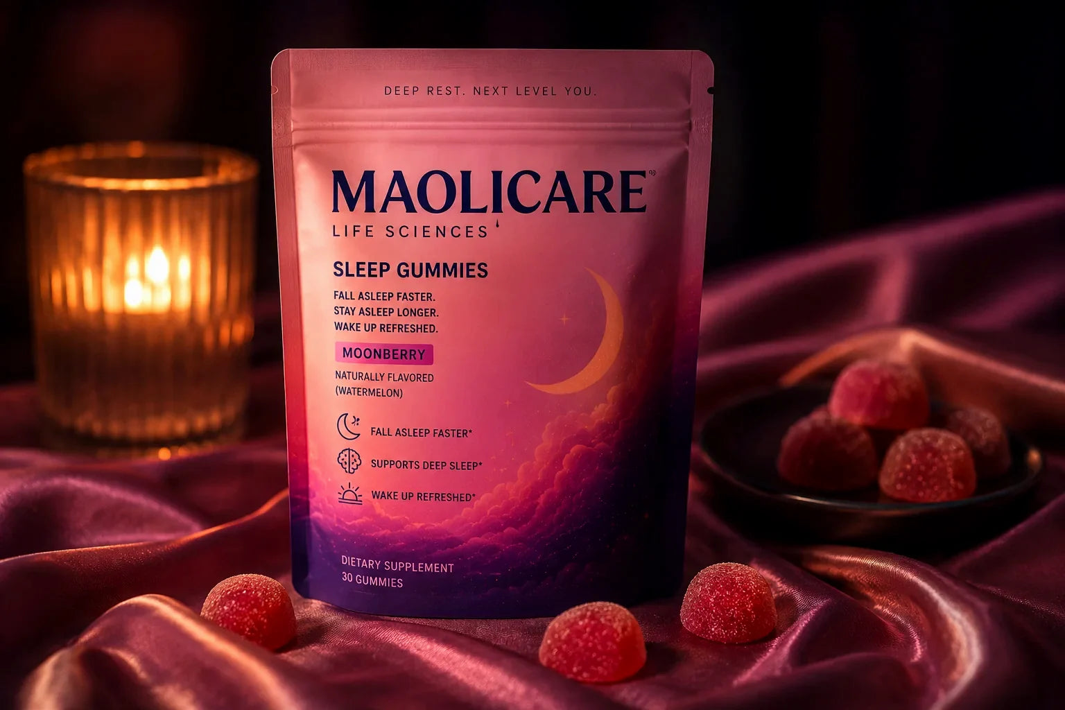 The Moonberry pouch on a nightstand next to a lit candle