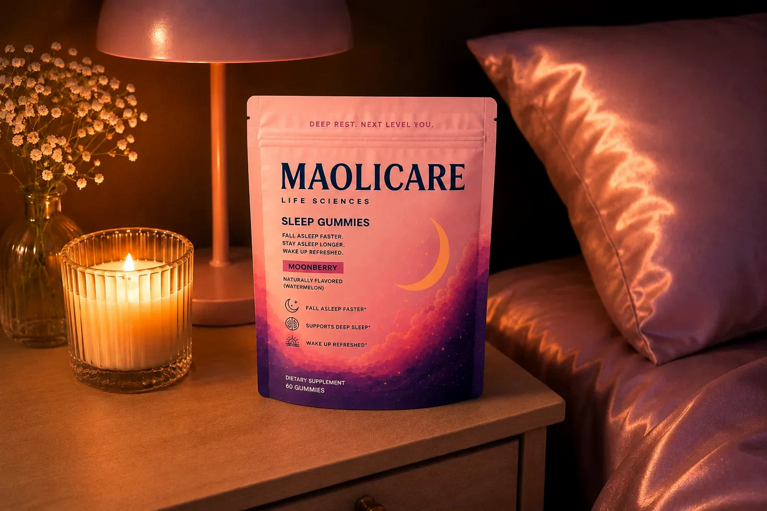 Moonberry pouch on a nightstand with a lamp and a candle