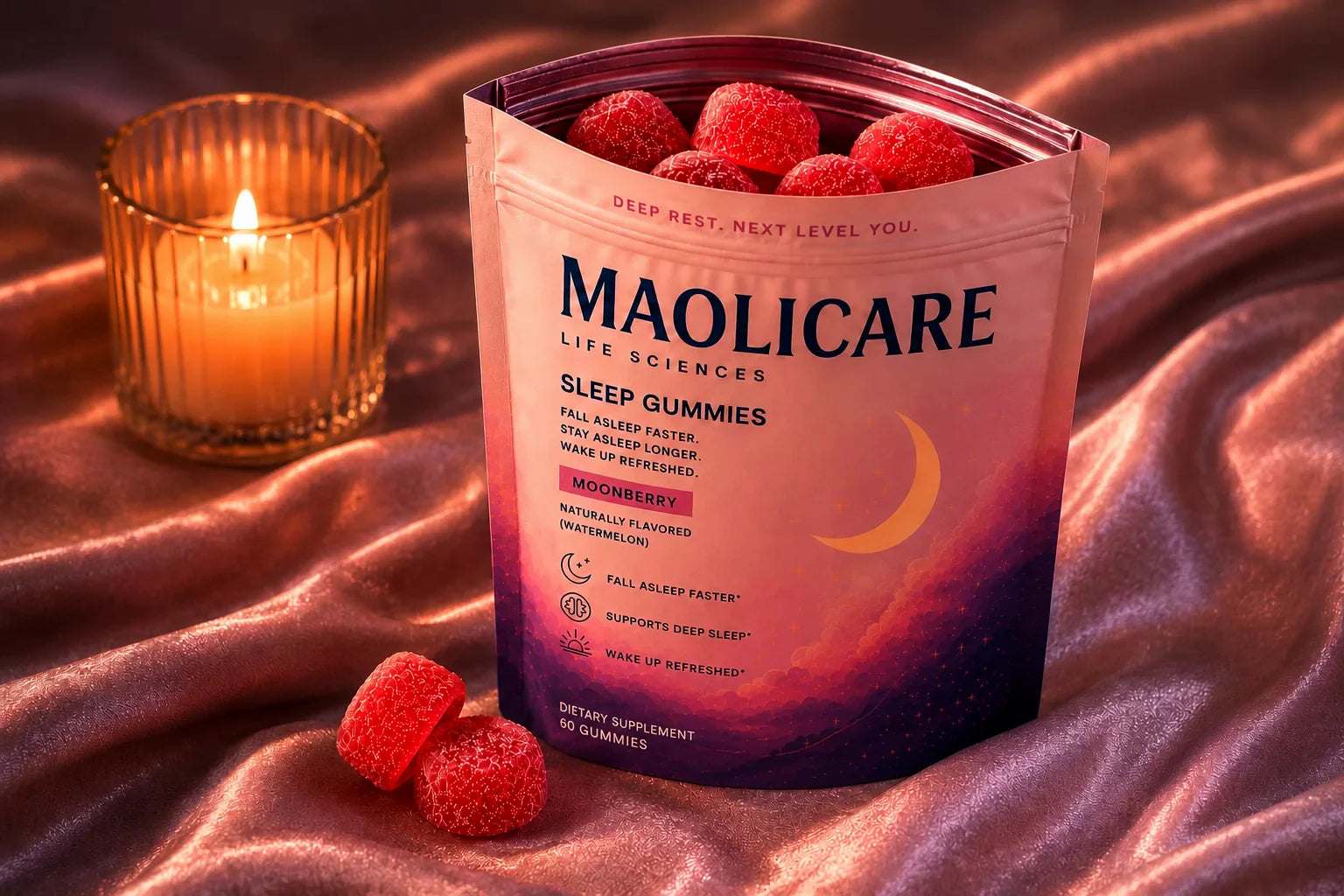 MaoliCare Sleep Gummies Moonberry pouch with gummies beside a candle